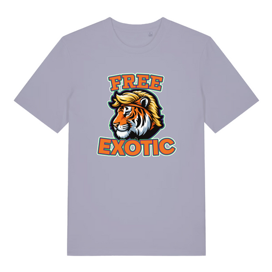 lavender women's funny graphic t-shirt with the graphic of a tiger and the slogan 'free exotic'