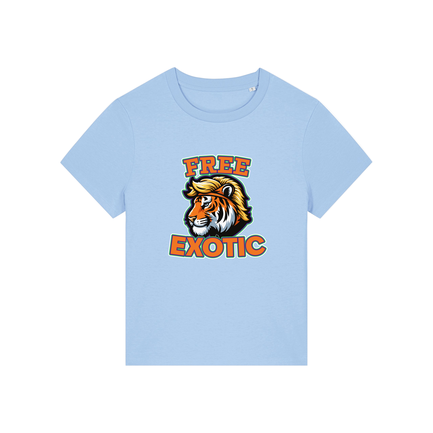 light blue animal t-shirt with a tiger graphic and 'Free Exotic' text 
