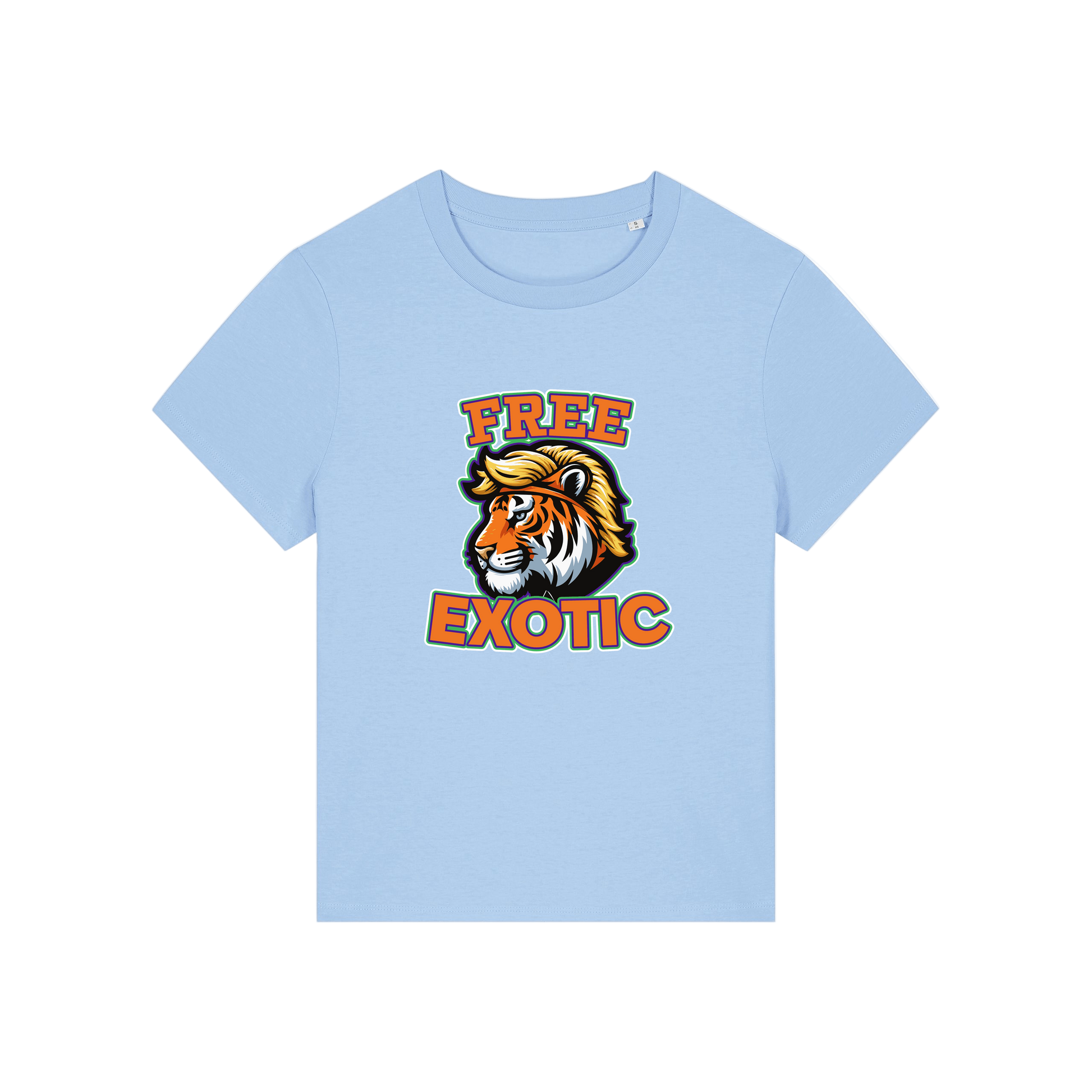 light blue animal t-shirt with a tiger graphic and 'Free Exotic' text 