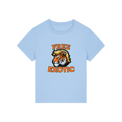 light blue animal t-shirt with a tiger graphic and 'Free Exotic' text 