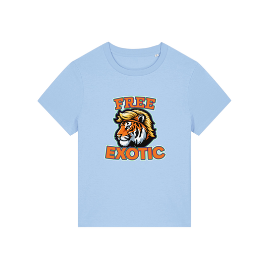 light blue animal t-shirt with a tiger graphic and 'Free Exotic' text 