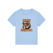 light blue animal t-shirt with a tiger graphic and 'Free Exotic' text 