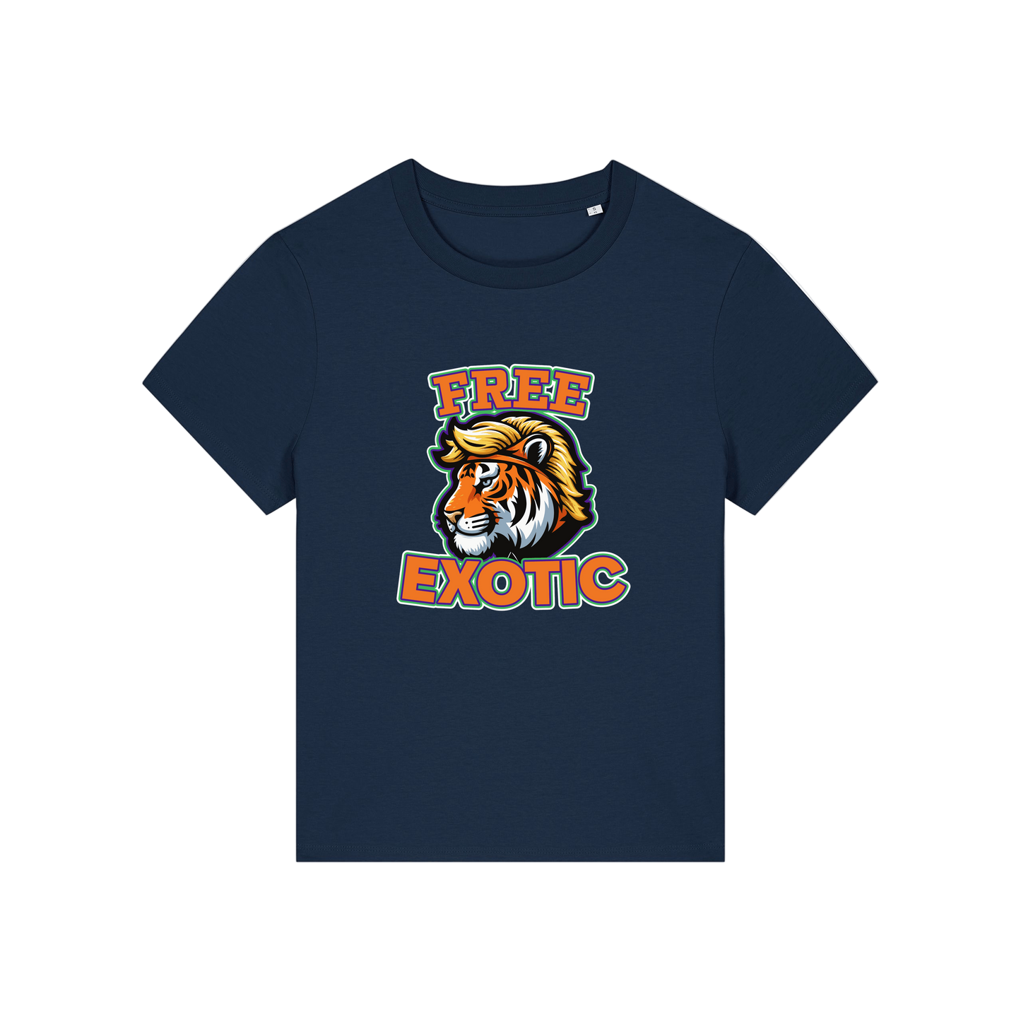 navy animal t-shirt with a tiger graphic and 'Free Exotic' text 