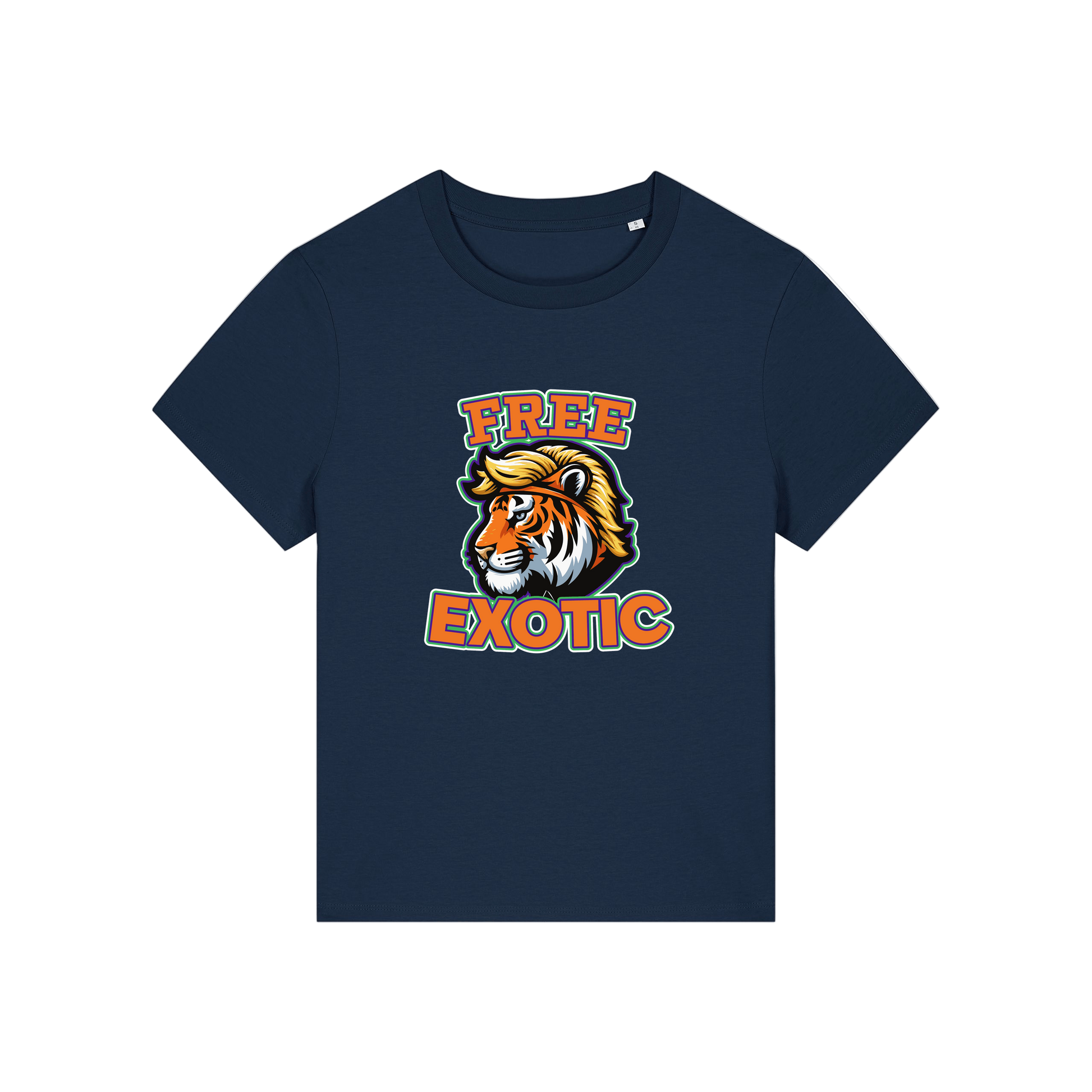navy animal t-shirt with a tiger graphic and 'Free Exotic' text 
