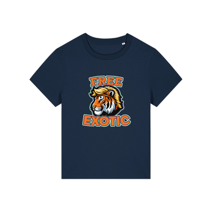 navy animal t-shirt with a tiger graphic and 'Free Exotic' text 