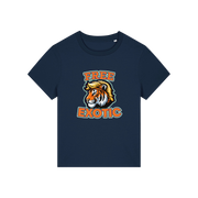 navy animal t-shirt with a tiger graphic and 'Free Exotic' text 