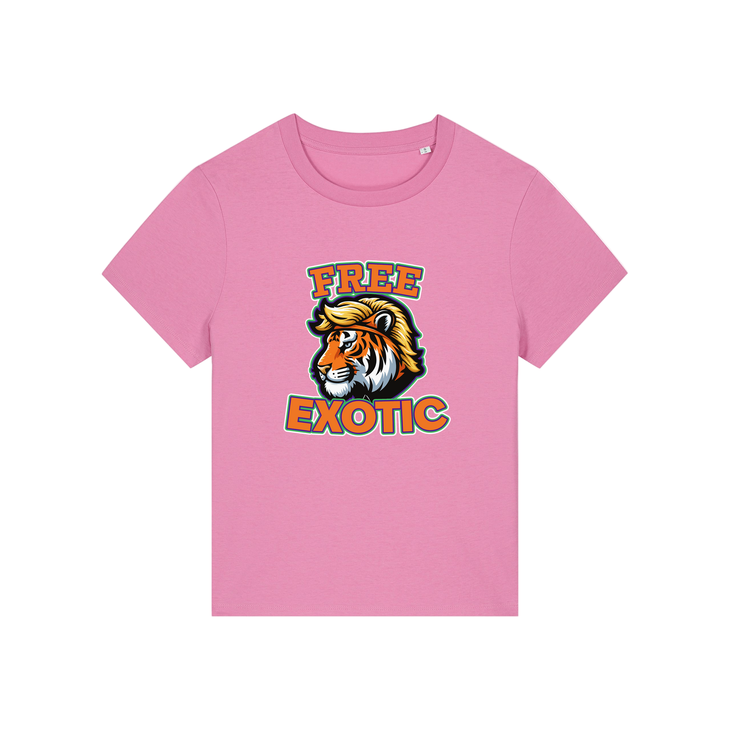 pink animal t-shirt with a tiger graphic and 'Free Exotic' text 