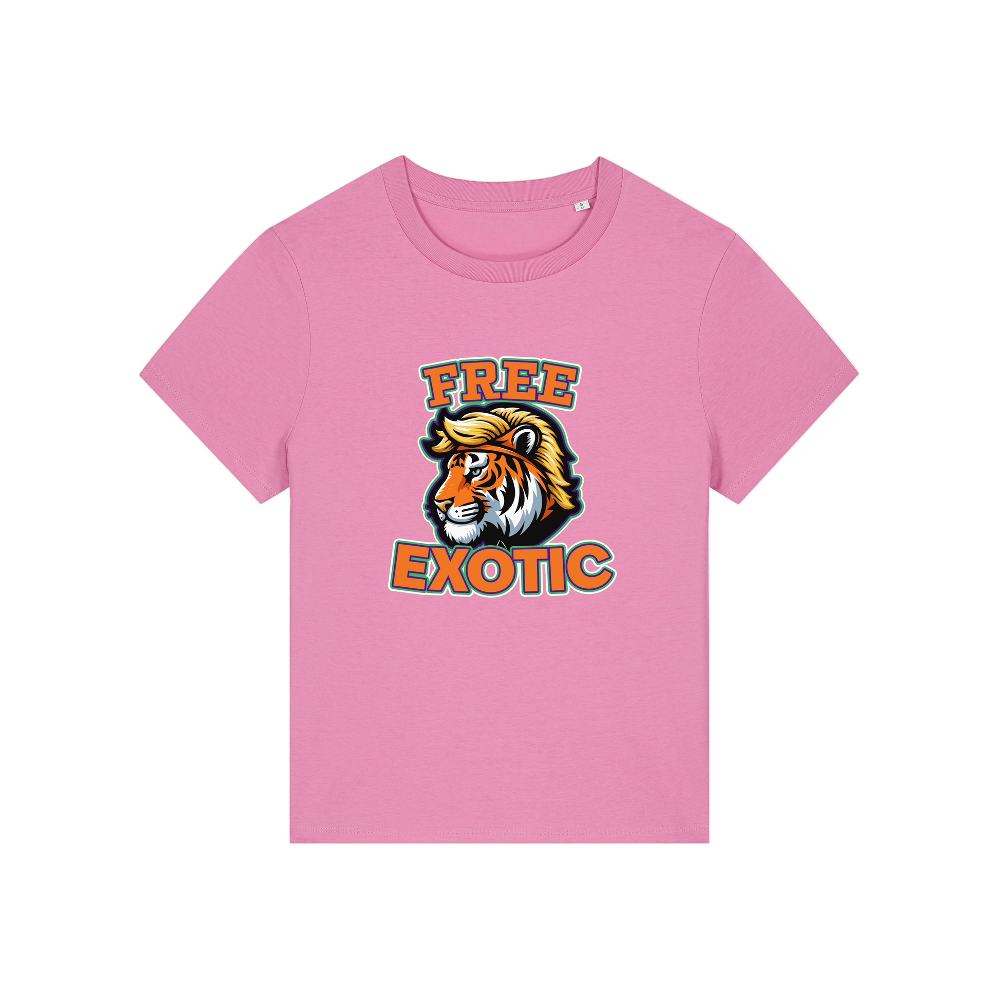 pink animal t-shirt with a tiger graphic and 'Free Exotic' text 