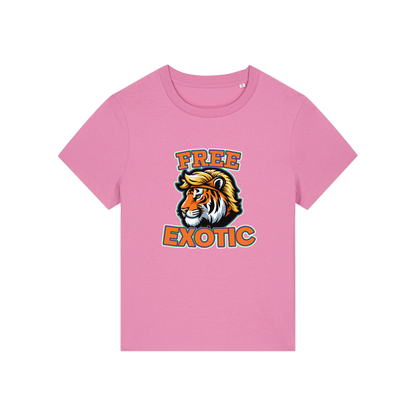 pink animal t-shirt with a tiger graphic and 'Free Exotic' text 