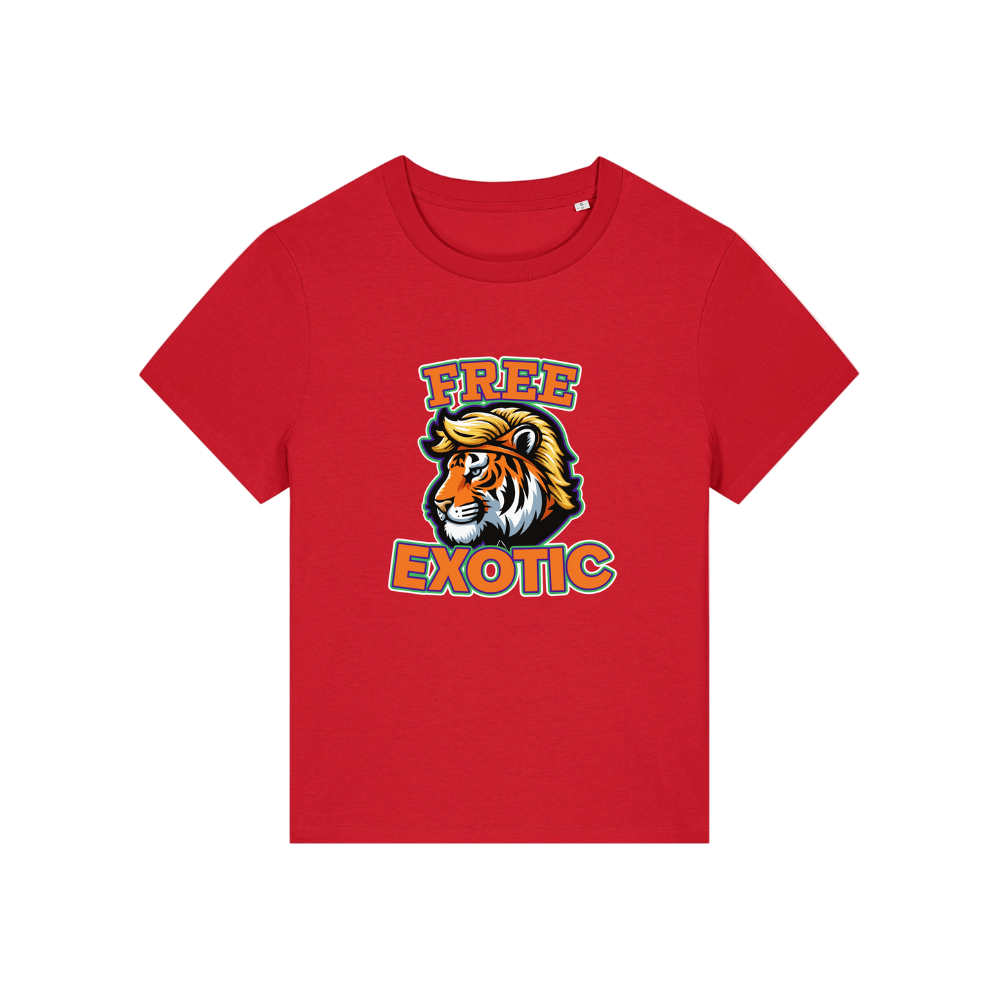 red animal t-shirt with a tiger graphic and 'Free Exotic' text 