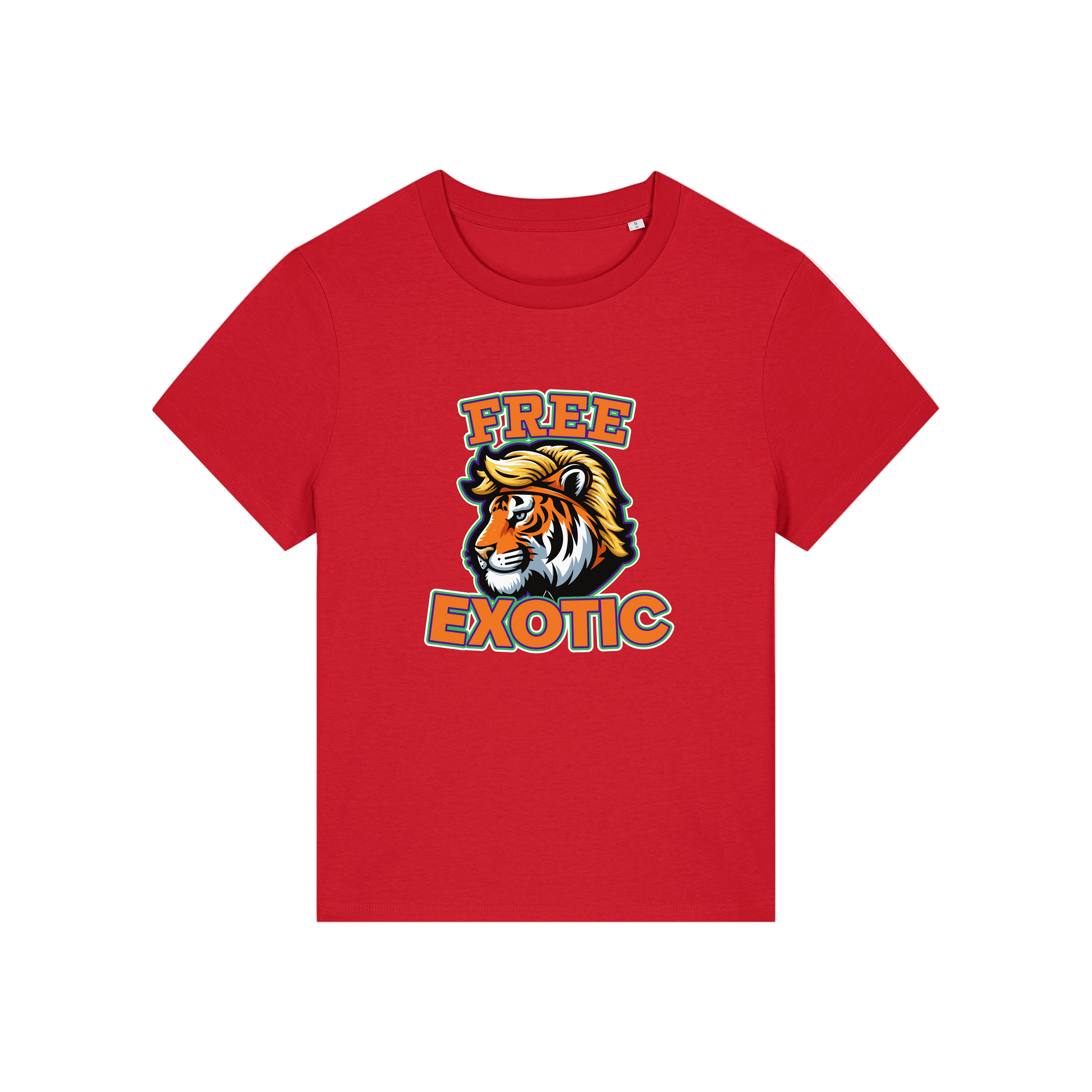 red animal t-shirt with a tiger graphic and 'Free Exotic' text 