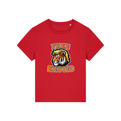 red animal t-shirt with a tiger graphic and 'Free Exotic' text 