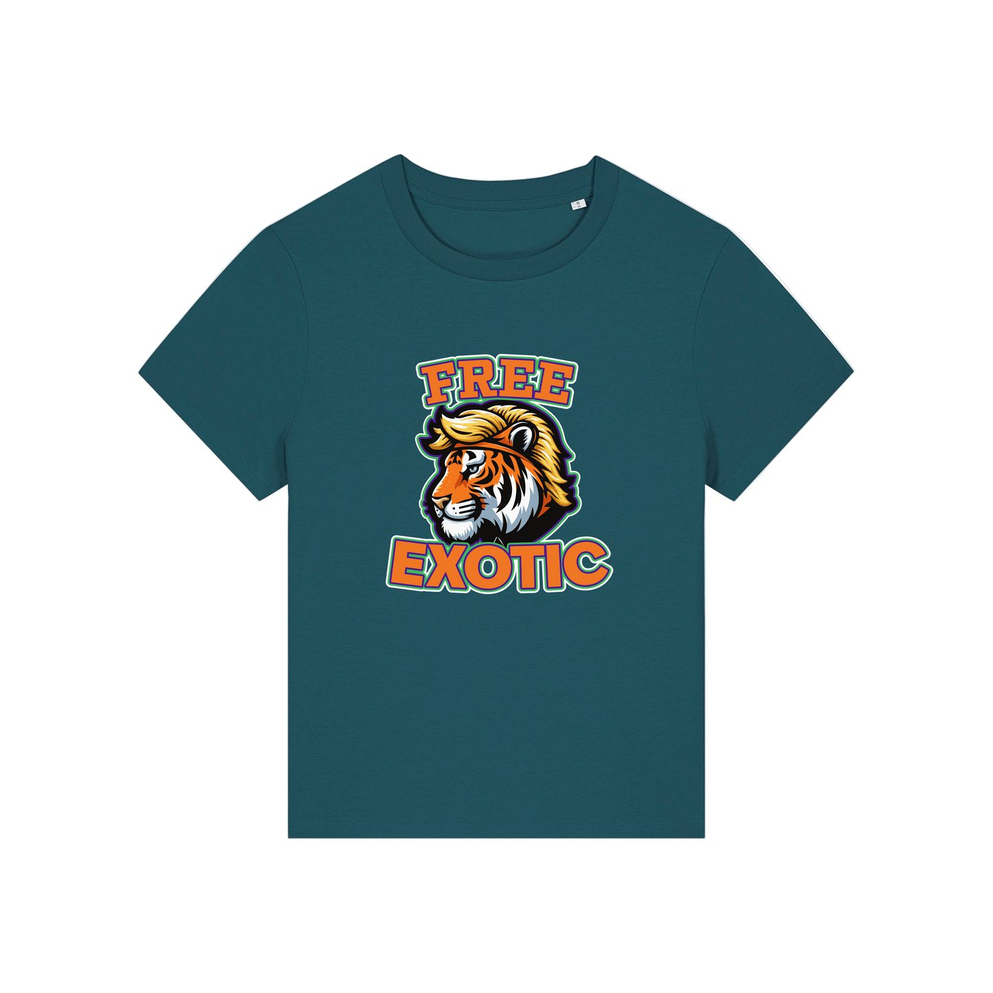 teal animal t-shirt with a tiger graphic and 'Free Exotic' text 