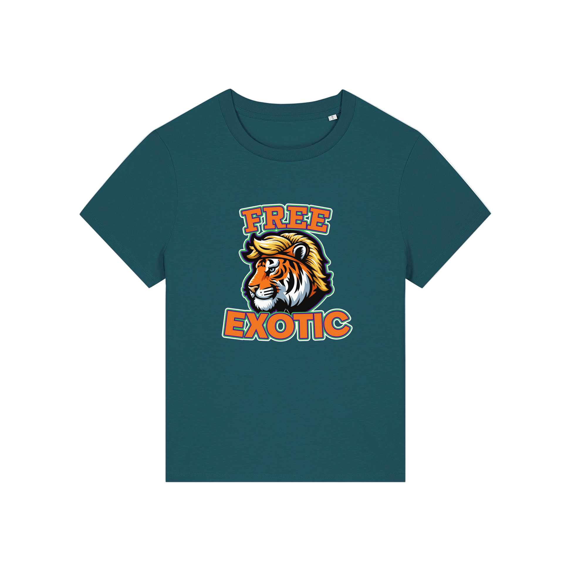 teal animal t-shirt with a tiger graphic and 'Free Exotic' text 