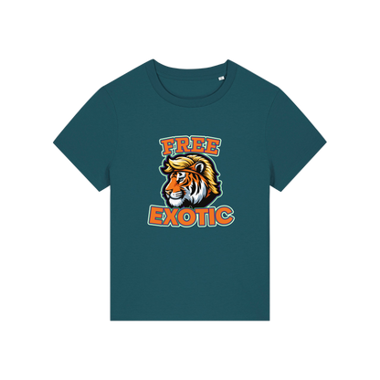 teal animal t-shirt with a tiger graphic and 'Free Exotic' text 