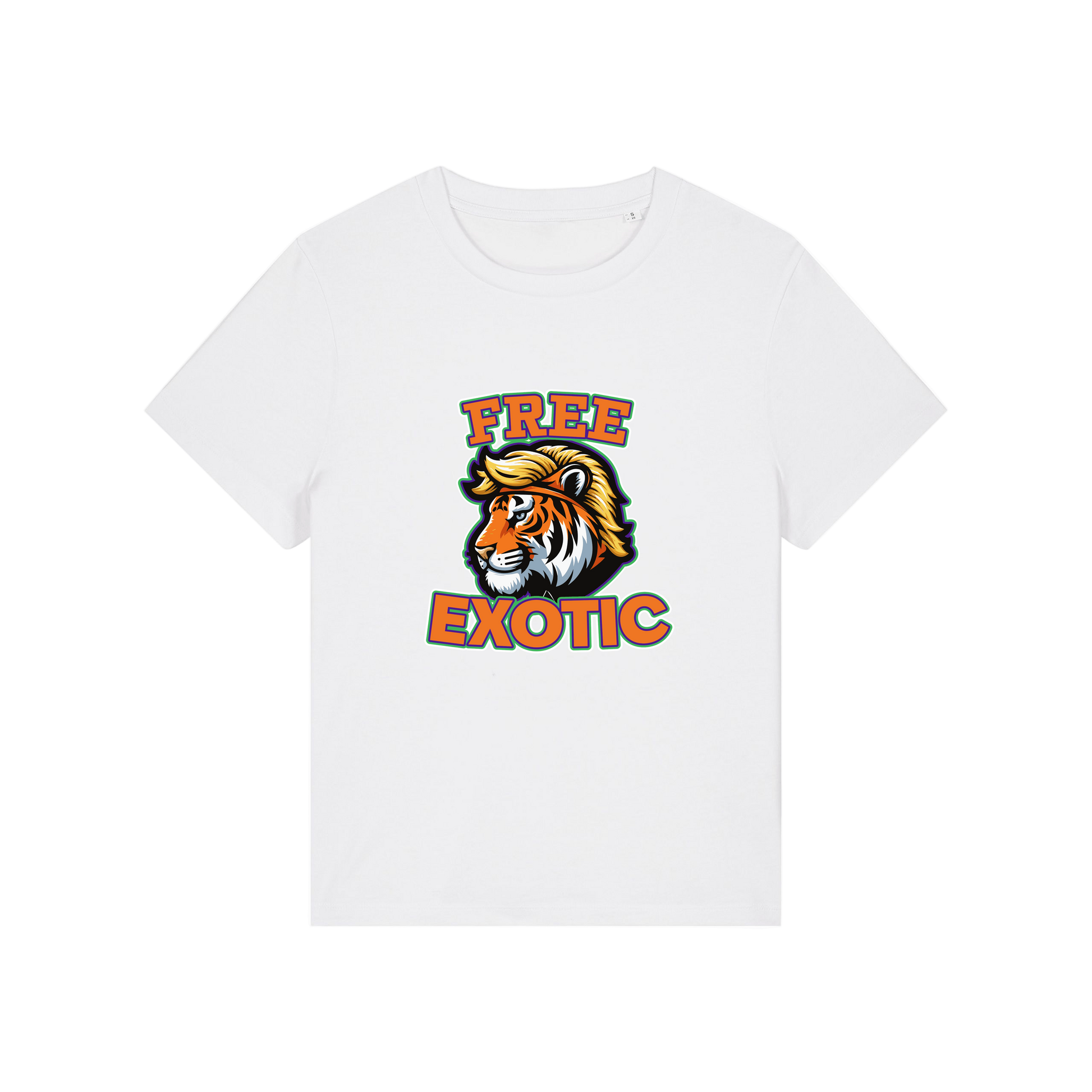 white animal t-shirt with a tiger graphic and 'Free Exotic' text 