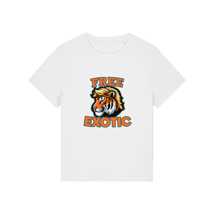 white animal t-shirt with a tiger graphic and 'Free Exotic' text 