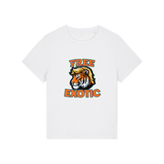 white animal t-shirt with a tiger graphic and 'Free Exotic' text 