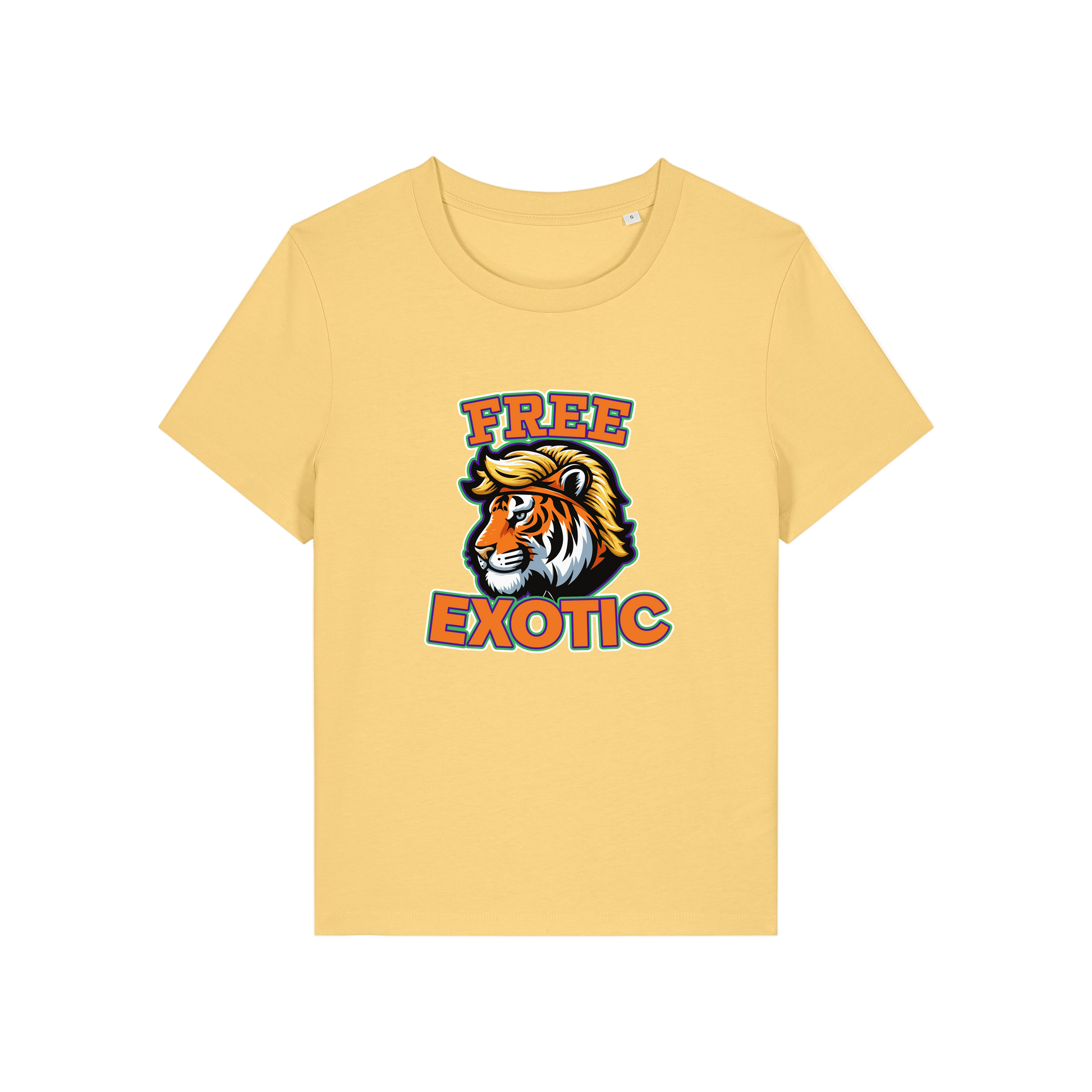 yellow animal t-shirt with a tiger graphic and 'Free Exotic' text 