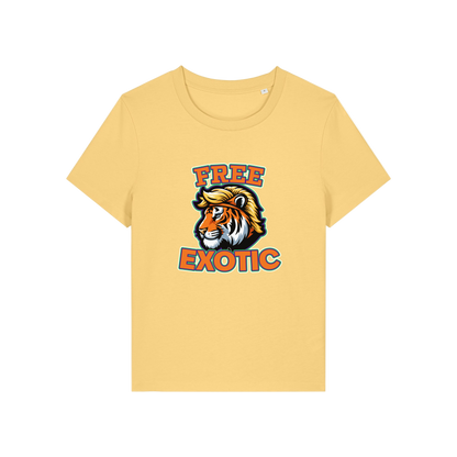 yellow animal t-shirt with a tiger graphic and 'Free Exotic' text 