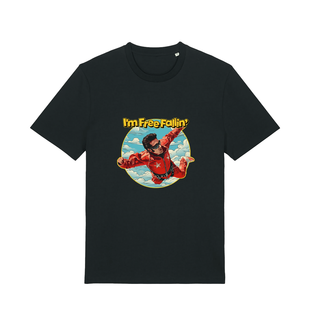 Black music t-shirt with a graphic of a person in a red suit free falling with the slogan 'I'm Free Fallin'