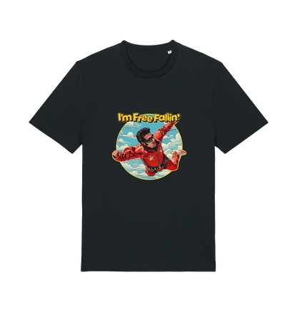 Black music t-shirt with a graphic of a person in a red suit free falling with the slogan 'I'm Free Fallin'