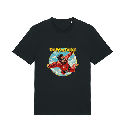 Black music t-shirt with a graphic of a person in a red suit free falling with the slogan 'I'm Free Fallin'