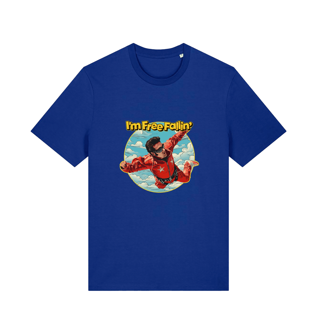 blue music t-shirt with a graphic of a person in a red suit free falling with the slogan 'I'm Free Fallin'