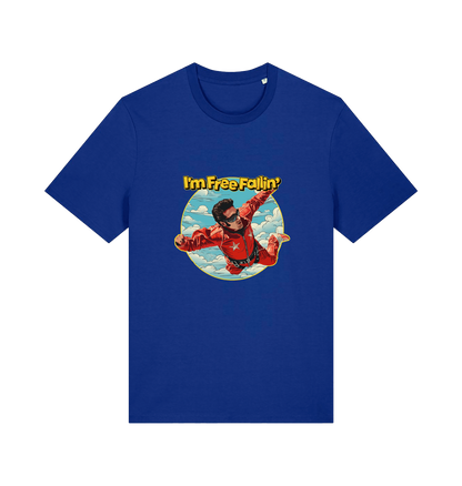 blue music t-shirt with a graphic of a person in a red suit free falling with the slogan 'I'm Free Fallin'