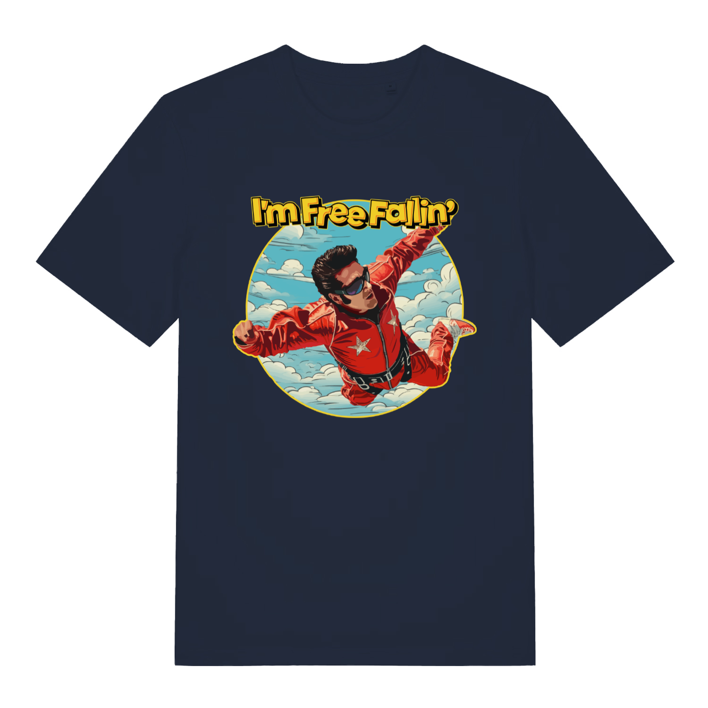 French Navy Free Fallin' T-shirt flat lay featuring funny Elvis skydiving design