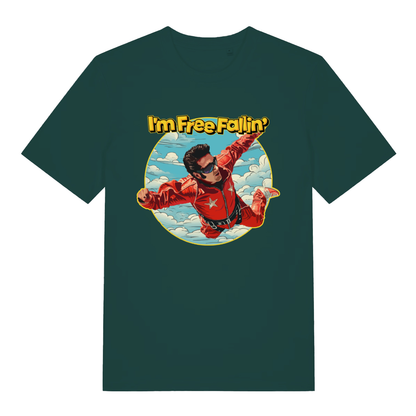 Glazed Green Free Fallin' T-shirt flat lay showing Elvis "I'm Free Fallin'" rock 'n' roll graphic