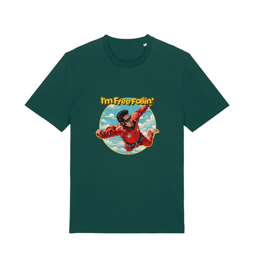 green music t-shirt with a graphic of a person in a red suit free falling with the slogan 'I'm Free Fallin'