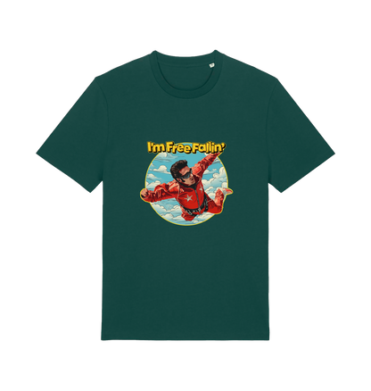 green music t-shirt with a graphic of a person in a red suit free falling with the slogan 'I'm Free Fallin'
