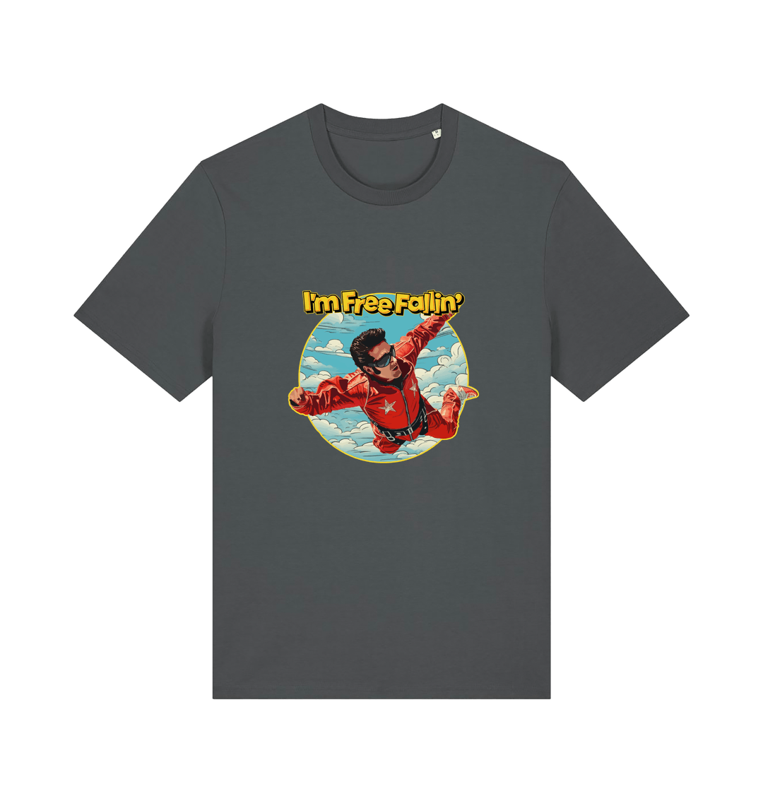 grey music t-shirt with a graphic of a person in a red suit free falling with the slogan 'I'm Free Fallin'
