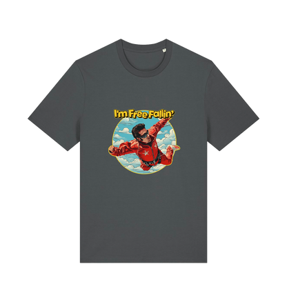 grey music t-shirt with a graphic of a person in a red suit free falling with the slogan 'I'm Free Fallin'