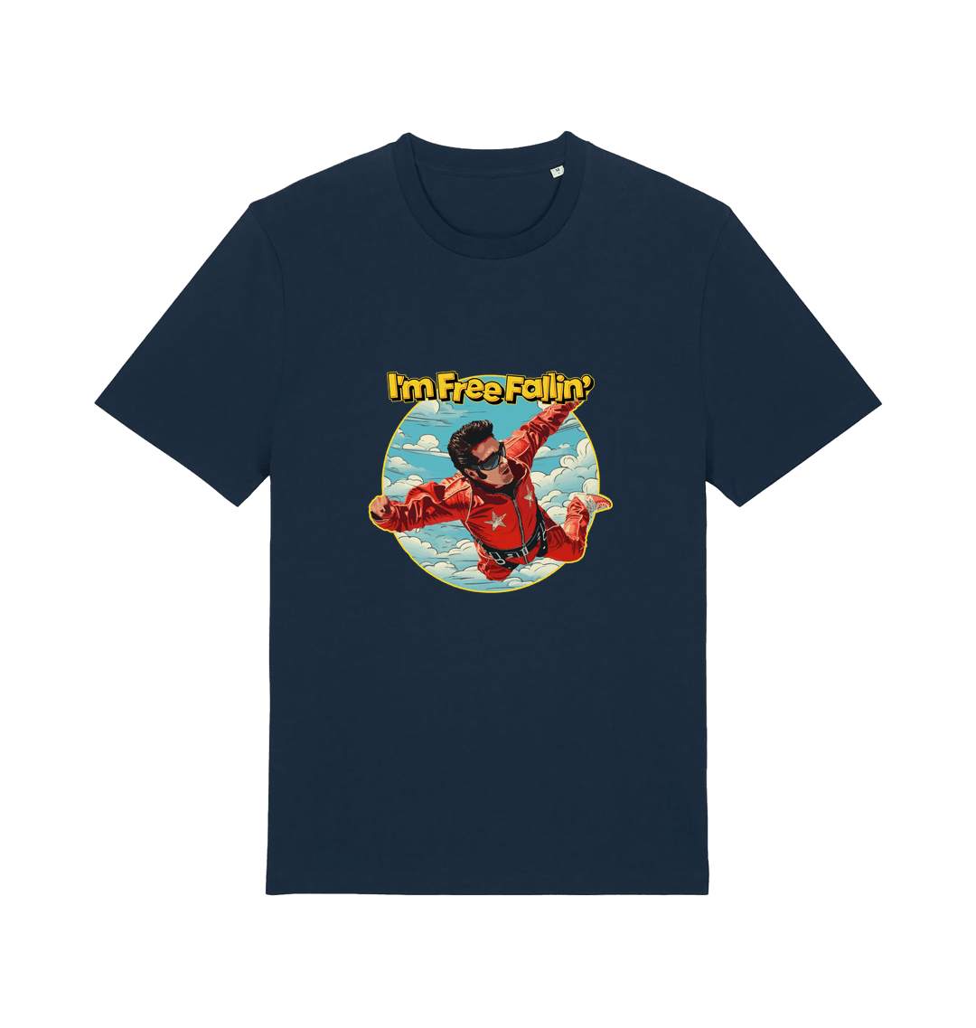 navy music t-shirt with a graphic of a person in a red suit free falling with the slogan 'I'm Free Fallin'
