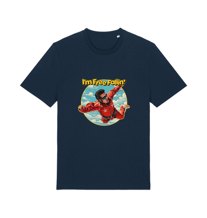 navy music t-shirt with a graphic of a person in a red suit free falling with the slogan 'I'm Free Fallin'