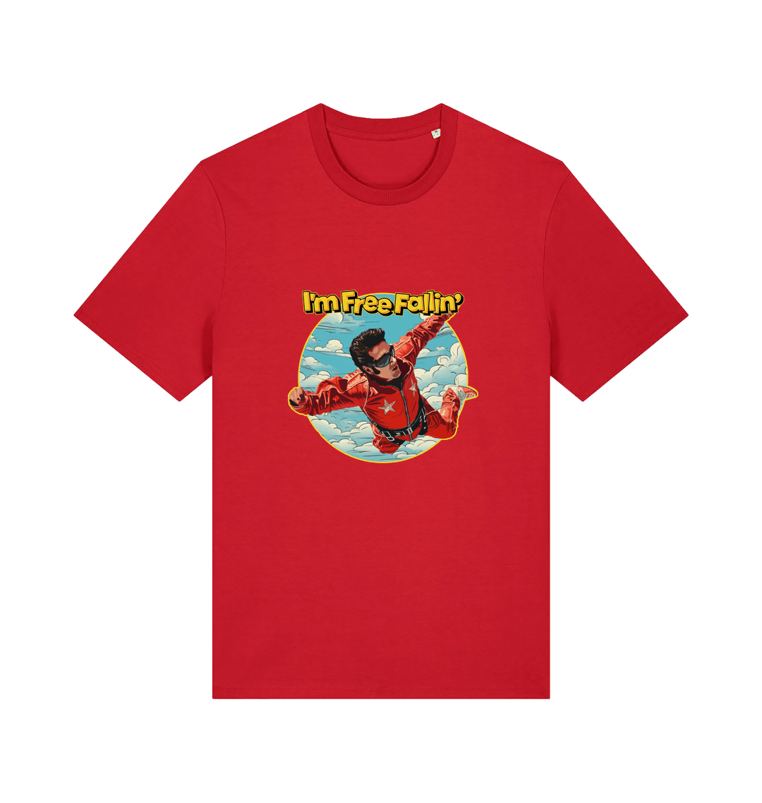 red music t-shirt with a graphic of a person in a red suit free falling with the slogan 'I'm Free Fallin'