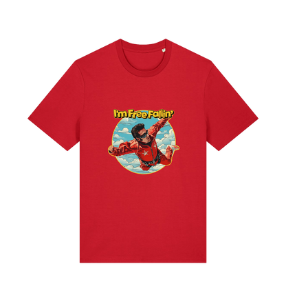 red music t-shirt with a graphic of a person in a red suit free falling with the slogan 'I'm Free Fallin'