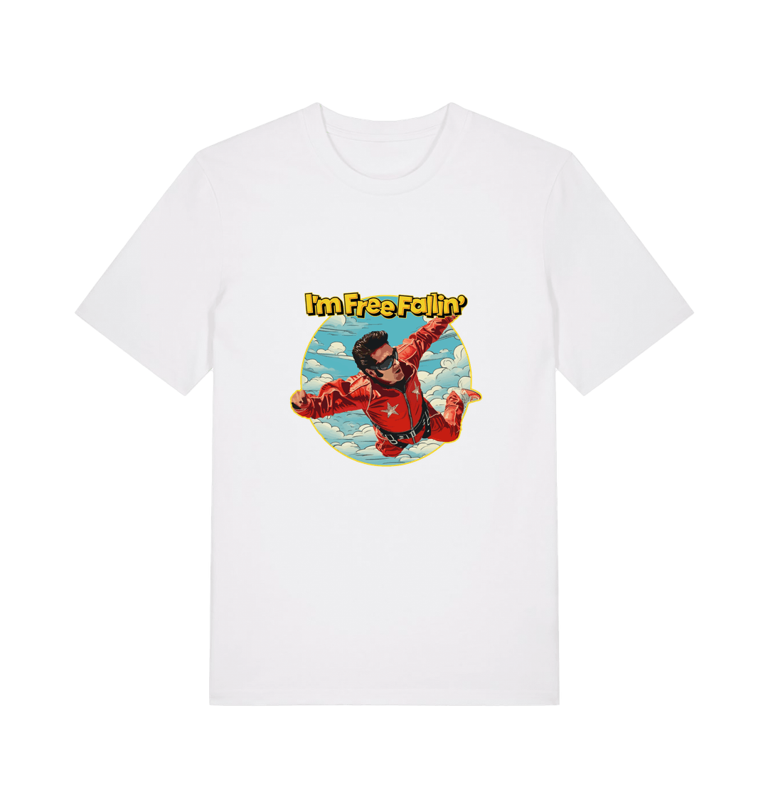 white music t-shirt with a graphic of a person in a red suit free falling with the slogan 'I'm Free Fallin'