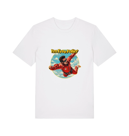 white music t-shirt with a graphic of a person in a red suit free falling with the slogan 'I'm Free Fallin'