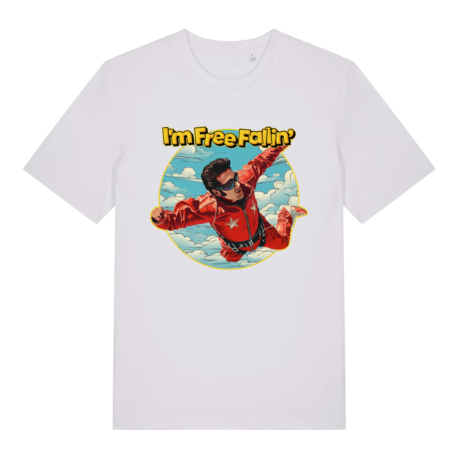 White Free Fallin' T-shirt flat lay with epic Elvis jumpsuit skydiving illustration