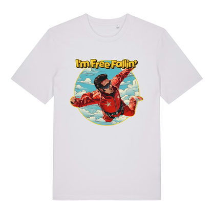 White Free Fallin' T-shirt flat lay with epic Elvis jumpsuit skydiving illustration