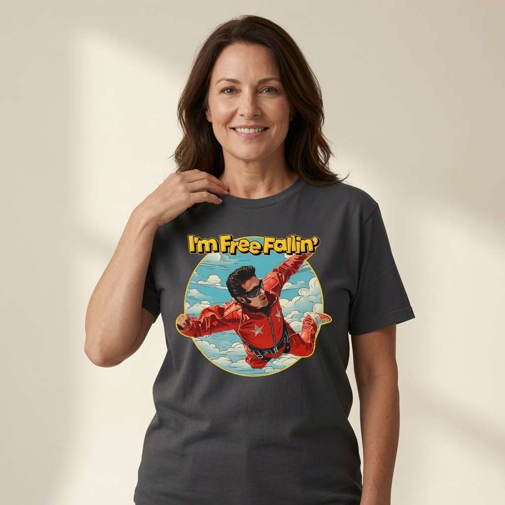 Woman smiling with hand near collar in black I’m Free Fallin’ tee, ladies 90s music