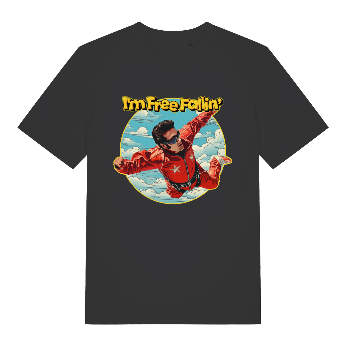 Black women's Free Fallin' T-shirt flat lay with Elvis in red jumpsuit "I'm Free Fallin'" skydiving graphic