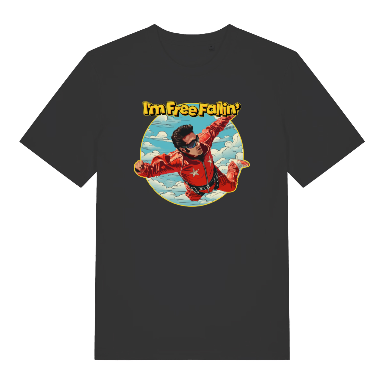 black women's music t-shirt with the graphic of a man skydiving and the slogan 'i'm free fallin'