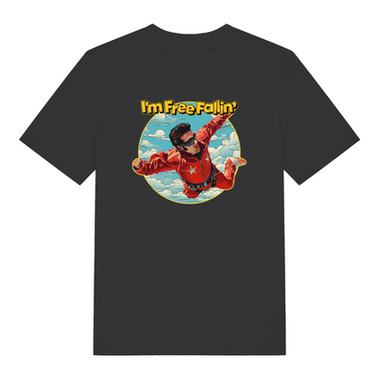 black women's music t-shirt with the graphic of a man skydiving and the slogan 'i'm free fallin'