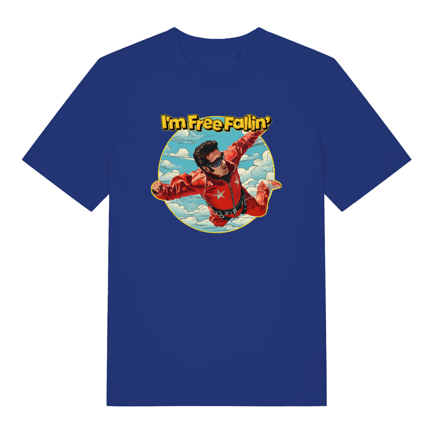blue women's music t-shirt with the graphic of a man skydiving and the slogan 'i'm free fallin'