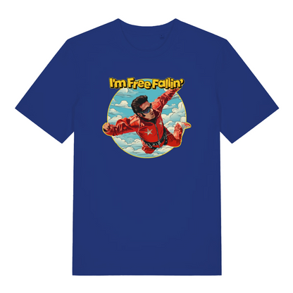 blue women's music t-shirt with the graphic of a man skydiving and the slogan 'i'm free fallin'