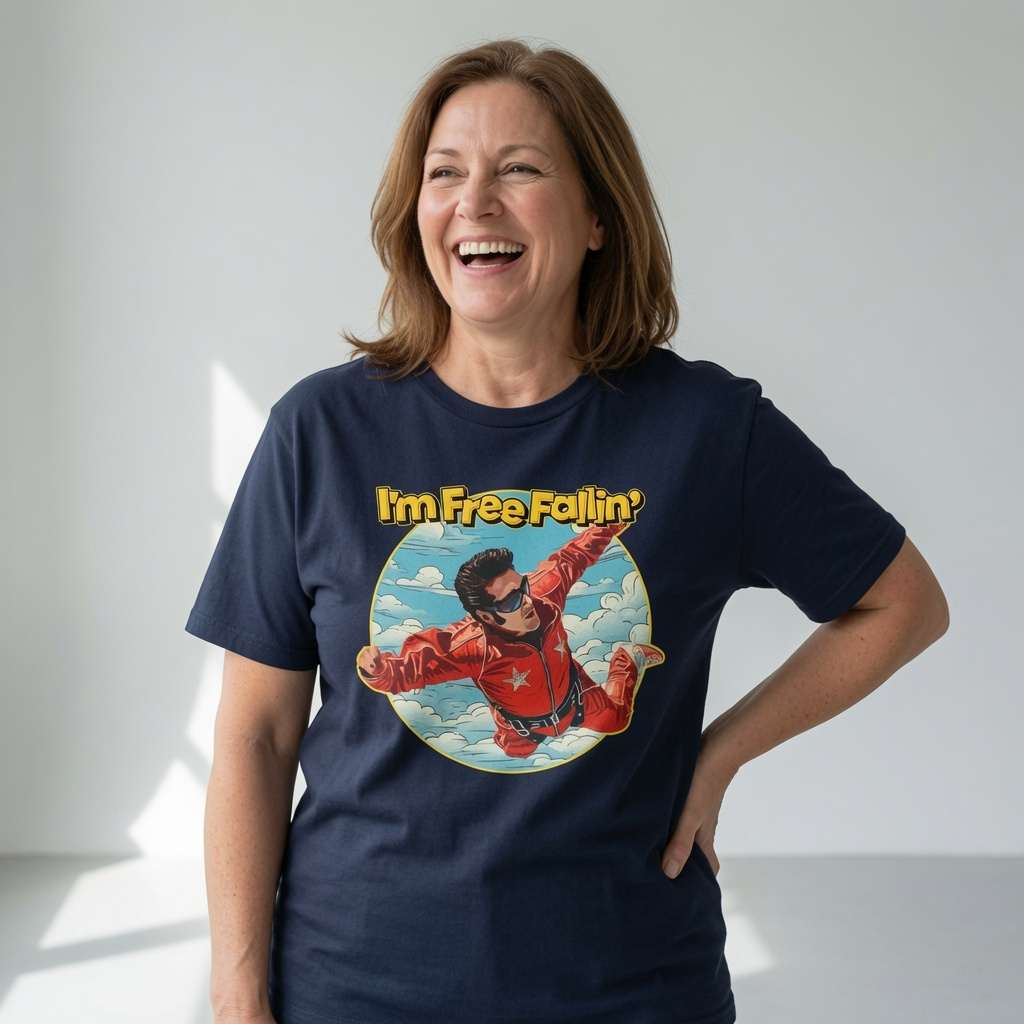 Woman laughing with hand on hip in navy I’m Free Fallin’ t-shirt, fun ladies 80s music inspired graphic